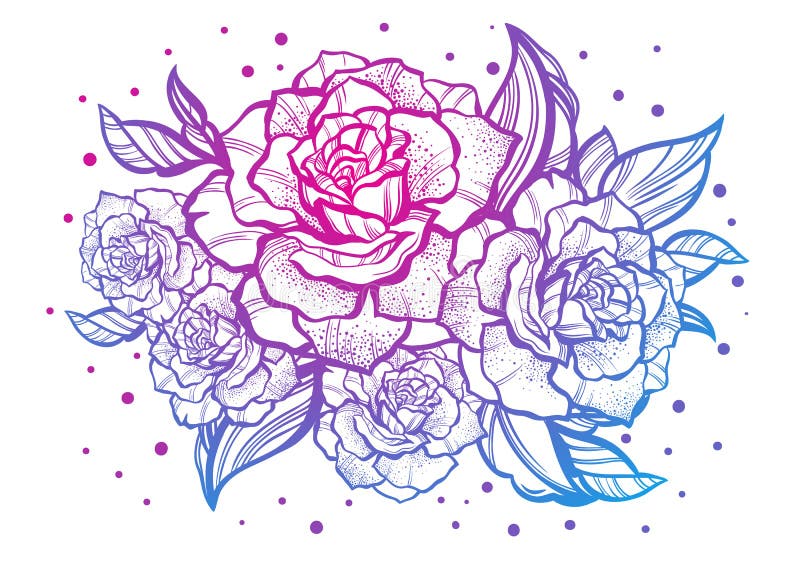 Hand-drawn beautiful roses. Tattoo art. Graphic vintage composition. Vector illustration isolated. T-shirts, print, posters. Hand-drawn beautiful roses. Tattoo art. Graphic vintage composition. Vector illustration isolated. T-shirts, print, posters.