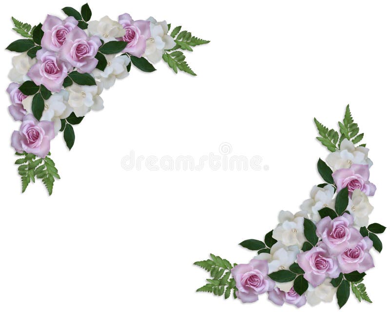 Image and illustration composition roses and gardenias corner design elements for Valentine or wedding invitation on white background for border or frame with copy space. Image and illustration composition roses and gardenias corner design elements for Valentine or wedding invitation on white background for border or frame with copy space.