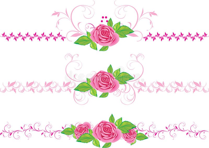 Rosas rosadas con el ornamento. Tres fronteras decorativas ilustración del vector Rosas rosadas con el ornamento. Tres fronteras decorativas ilustración del vector