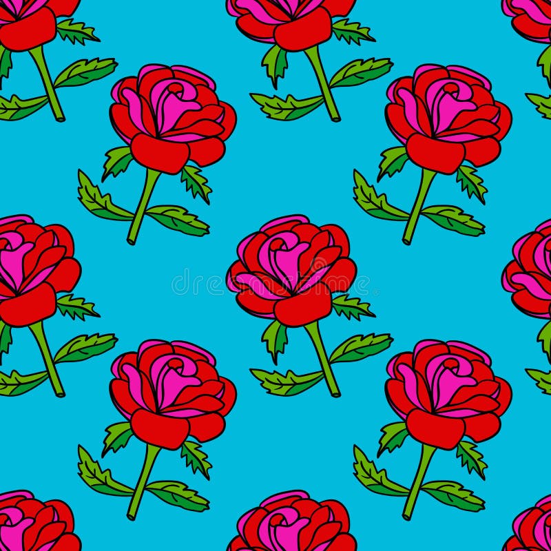 Cute Cartoon Doodle Rose Seamless Pattern. Floral Element Background Stock Vector Illustration
