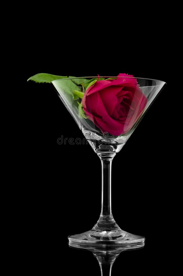 Rose in cocktail glass on black background and reflect