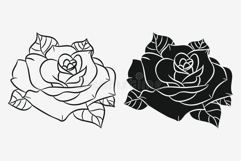 Rose con las hojas fijadas Silueta negra y esquema dibujado mano de la flor Vector stock de ilustración Rose con las hojas fijadas Silueta negra y esquema dibujado mano de la flor Vector stock de ilustración