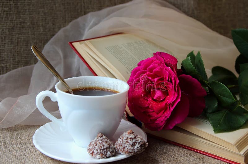 Rose, a cup of coffee stock photo. Image of dessert, leisure 54948490