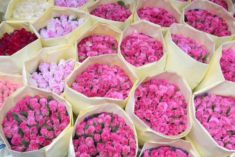 Rose dei mazzi da vendere ad un florist& x27; negozio di s con carta immagini stock libere da diritti Rose dei mazzi da vendere ad un florist& x27; negozio di s con carta immagini stock libere da diritti