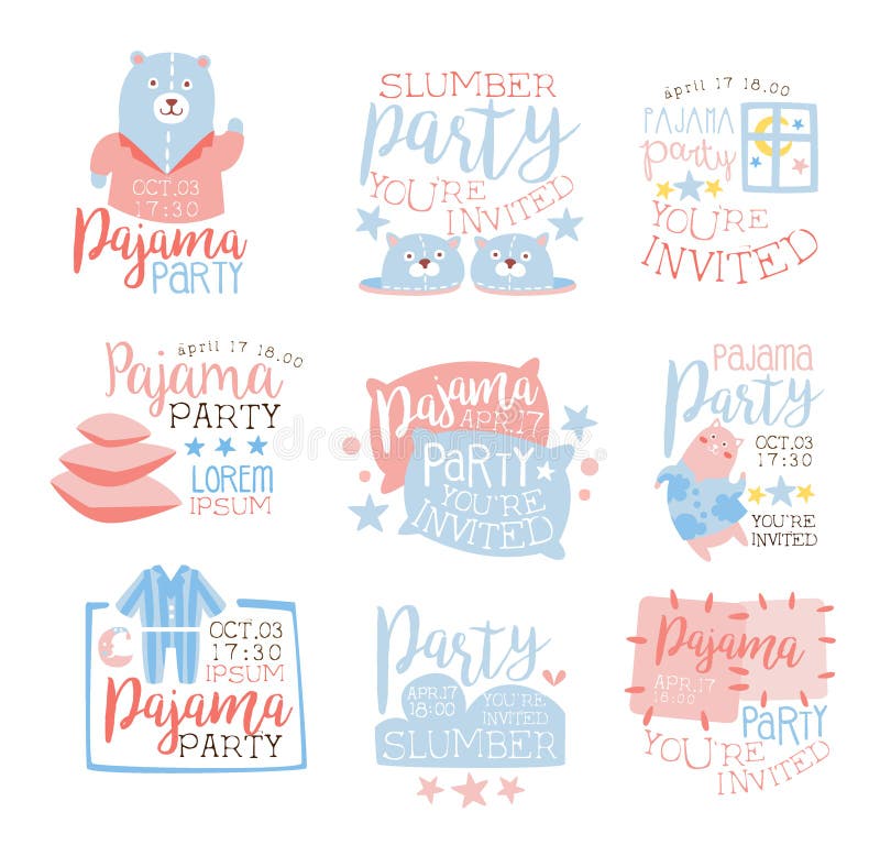 Rose et enfants de invitation réglés par calibres Girly bleus d'invitation de partie de pyjama pour les cartes de Sleepover de py illustration de vecteur Rose et enfants de invitation réglés par calibres Girly bleus d'invitation de partie de pyjama pour les cartes de Sleepover de py illustration de vecteur