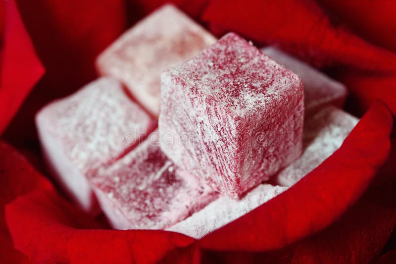 Rose flavoured turkish delight with red rose petals