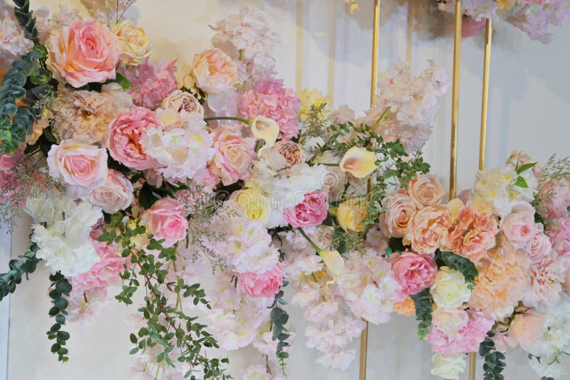 Rose Flower Decoration on Wedding Backdrop of Design Wall Stock Photo