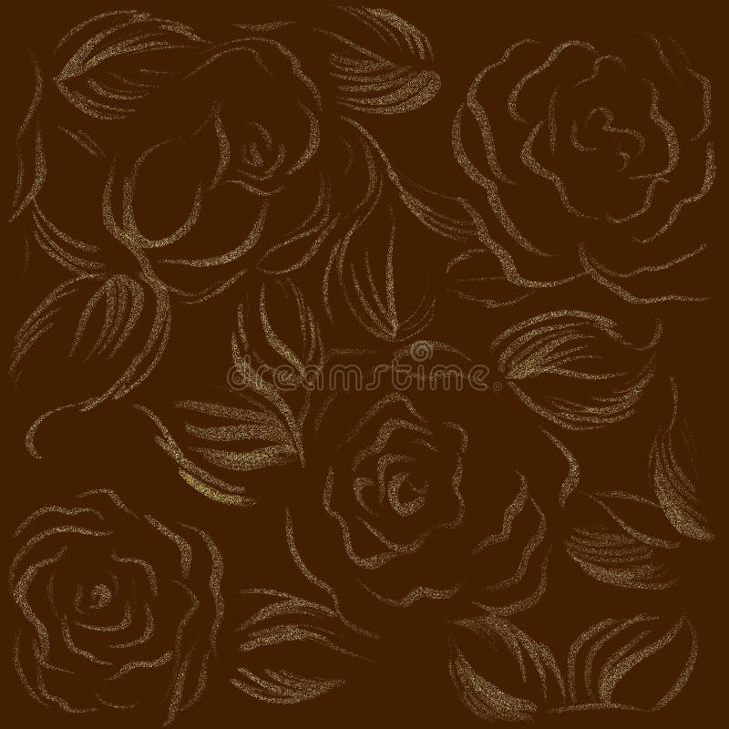 Rose Flowers, Linear Pattern Seamless Pattern on Dark Brown Background