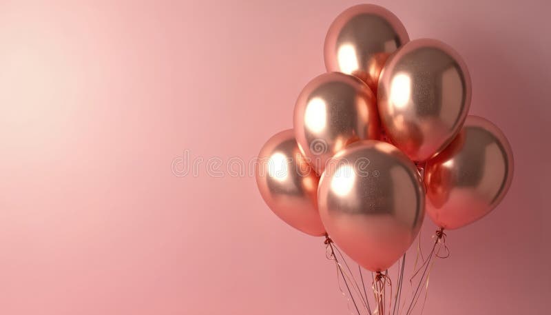 Rose gold balloons set against pink backdrop. Shiny metallic latex balloons, elegant festive decoration, luxury shimmer for vector illustration