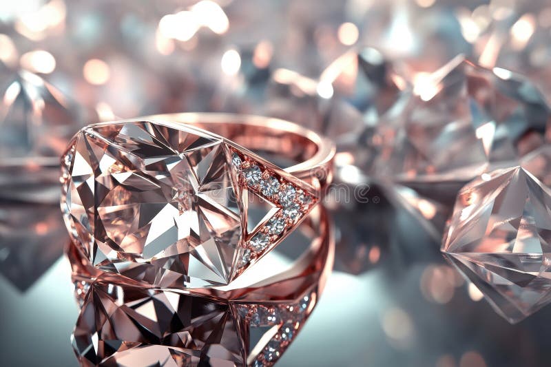 Rose Gold Diamond Ring Among Sparkling Gems. A close-up view of a rose gold ring featuring a large, faceted diamond surrounded by other sparkling gems