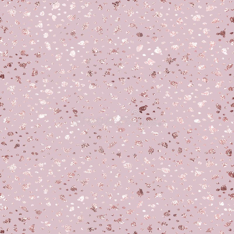 Rose gold foil. Seamless pattern. Pink sparkle dots, snow. Fashion glitter marble backdrop. Random spots. Beautiful roses golden p vector illustration