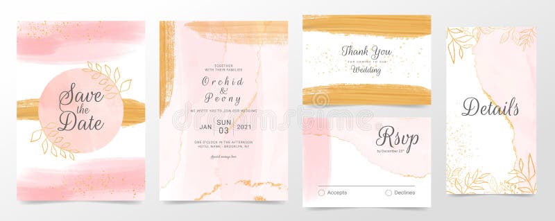 Rose gold wedding invitation cards template set. Abstract watercolor background of pink brush stroke splash stock illustration