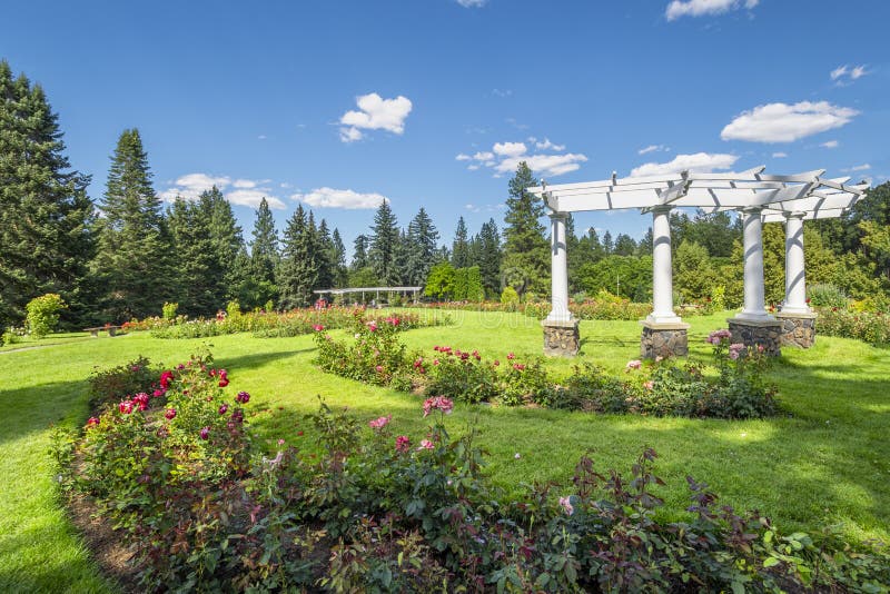The Rose Hill Rose Garden in Manito Park, Spokane Washington, with a white pergola and roses in bloom royalty free stock image The Rose Hill Rose Garden in Manito Park, Spokane Washington, with a white pergola and roses in bloom royalty free stock image