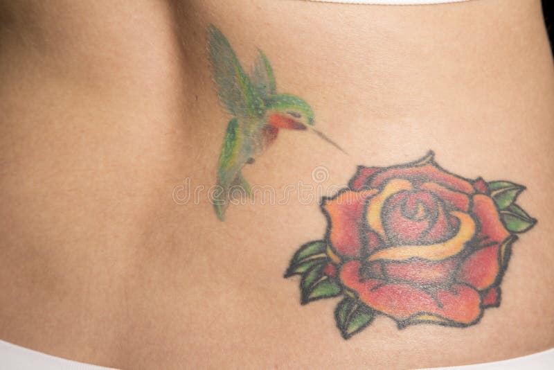 Rose and hummingbird tattoo up close