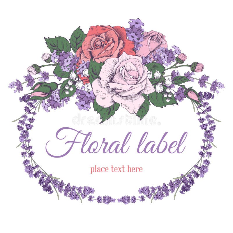 Rose and lavender. Vintage luxury greeting card with detailed hand drawn flowers - blooming rose and lavender. on white background. Space for your text. Vector royalty free illustration Rose and lavender. Vintage luxury greeting card with detailed hand drawn flowers - blooming rose and lavender. on white background. Space for your text. Vector royalty free illustration