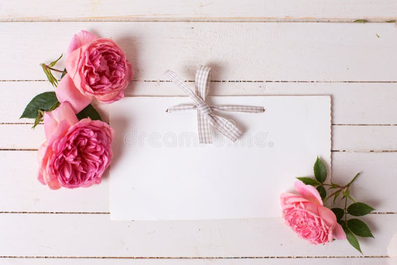 Pastel roses and empty tag on white wooden background. Place for text. Selective focus is on tag. Pastel roses and empty tag on white wooden background. Place for text. Selective focus is on tag.