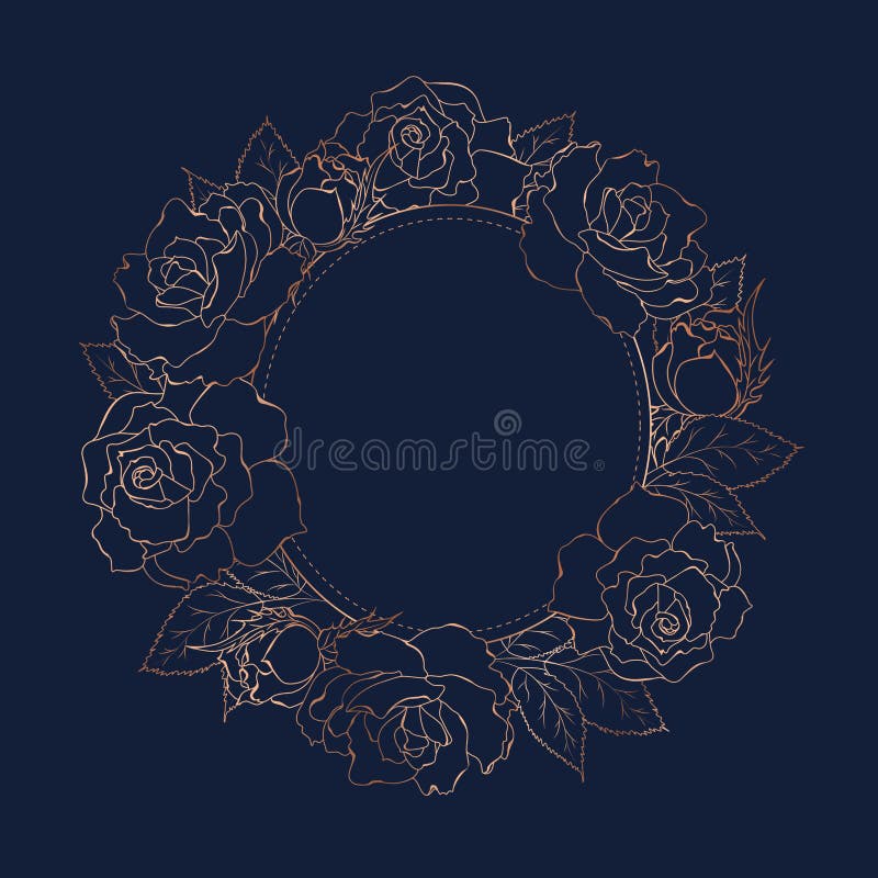 Rose peony flowers bloom blossom wreath round circle decoration. Copper gold shiny outline navy dark blue background. Floral line design template. Vector illustration.