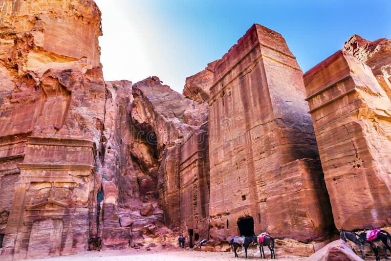 Rose Red Rock Tombs Afternoon gata av fasader Petra Jordan