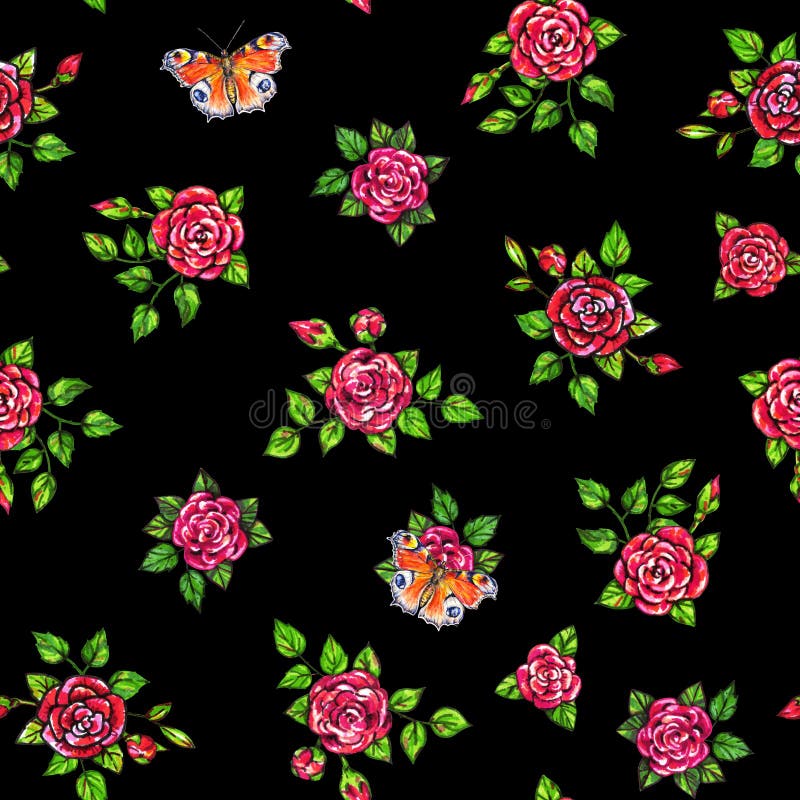 Rose rosse tirate con il fondo senza cuciture delle farfalle di pavone Fiorisce la vista frontale dell'illustrazione Lavoro manua illustrazione di stock Rose rosse tirate con il fondo senza cuciture delle farfalle di pavone Fiorisce la vista frontale dell'illustrazione Lavoro manua illustrazione di stock