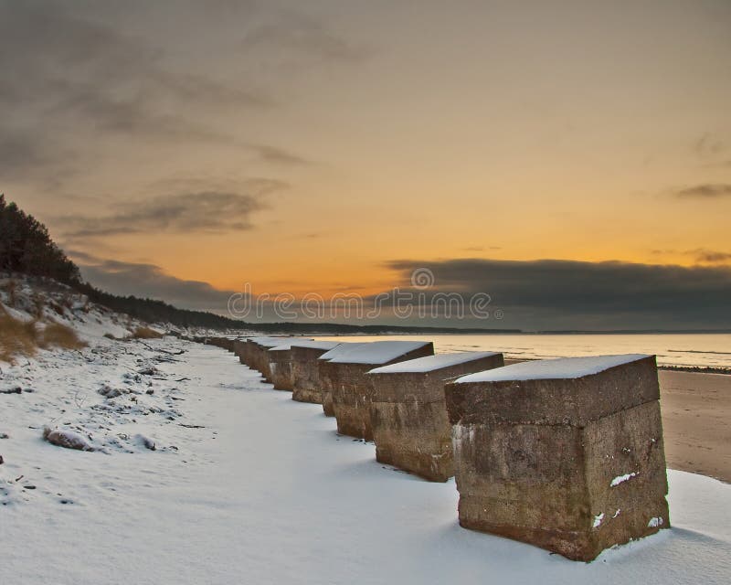 Roseisle beach in winter stock photo. Image of pillbox 13290084