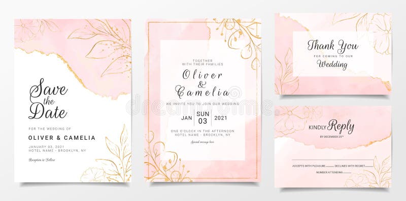 Rosengold Aquarellfarben Hochzeitskartentabelle mit goldener Blumendekoration Abstrakter Hintergrund speichern Sie das Datum stock abbildung