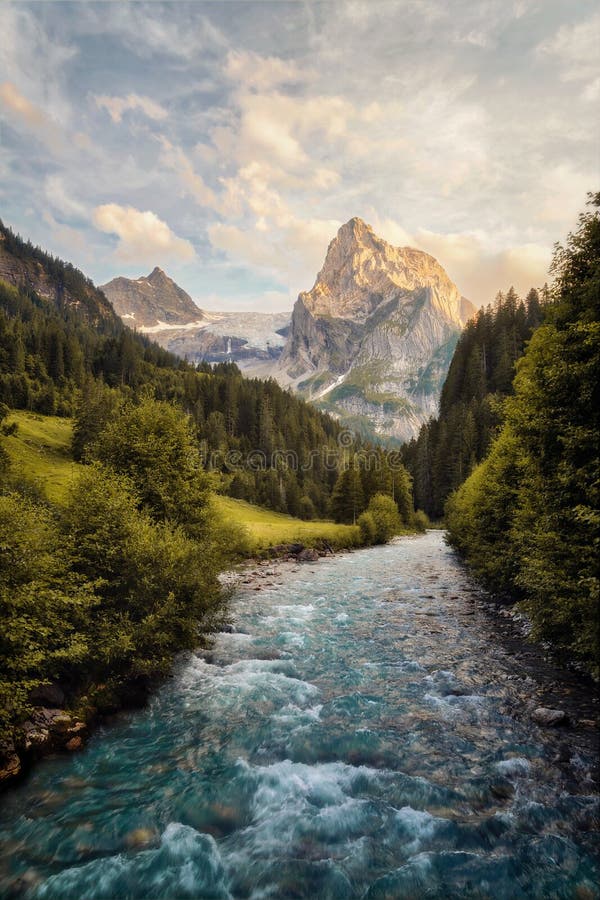 Rosenlaui Alm with View Towards Rosenlaui Glacier in Switzerland during