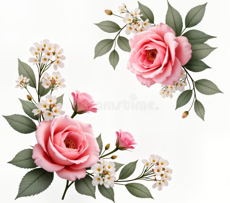Rosenrosen Gipsophila eustoma Blumen kreieren eine Blumenecke. dekorative Blumen in Eckkomposition auf weiß stock abbildung