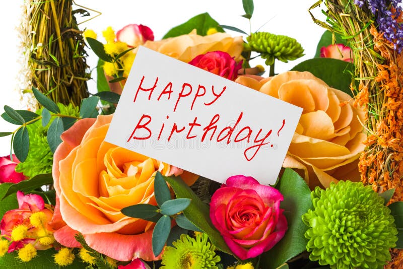 Roses Bouquet and Card Happy Birthday Stock Photo - Image of beauty ...