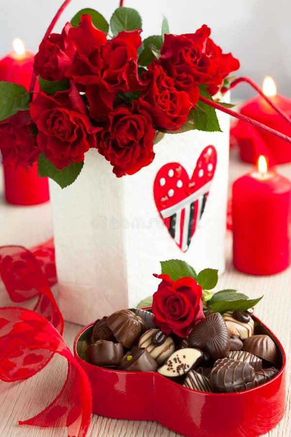 Roses and Chocolate Candies for Valentine S Day Stock Image Image of