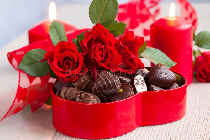 Roses and chocolate candies for Valentine s Day