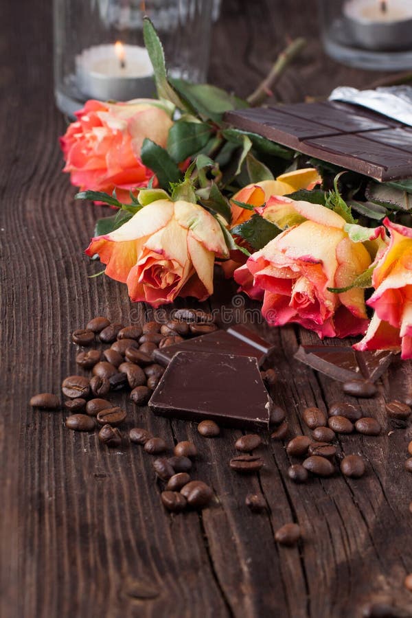 Roses, Chocolate and Coffee Beans Stock Image Image of closeup