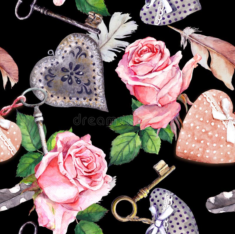 Roses, coeurs, plumes et clés roses sur le fond noir Configuration sans joint Couleur d'eau illustration de vecteur Roses, coeurs, plumes et clés roses sur le fond noir Configuration sans joint Couleur d'eau illustration de vecteur
