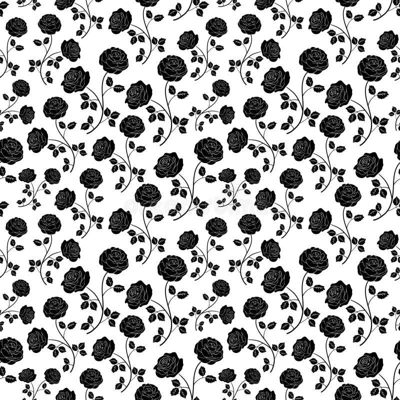 Roses Flower Black and White Seamless Pattern Vector Floral Silhouette
