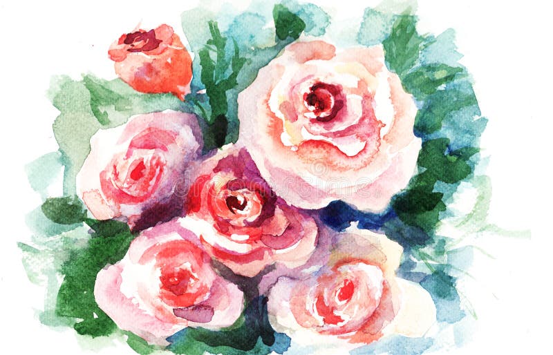 Roses Flowers, Watercolor Painting Stock Illustration - Illustration of ...