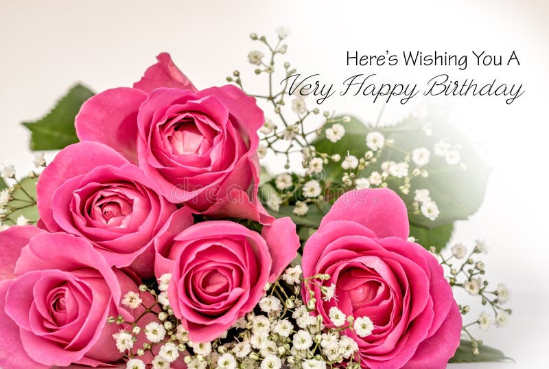 Greeting card with a small posy of pink roses and gypsofilia fowers against a softened white background. Inscribed with a decorative hand written styled text saying `Here`s Wishing You a Very Happy Birthday`. Greeting card with a small posy of pink roses and gypsofilia fowers against a softened white background. Inscribed with a decorative hand written styled text saying `Here`s Wishing You a Very Happy Birthday`.