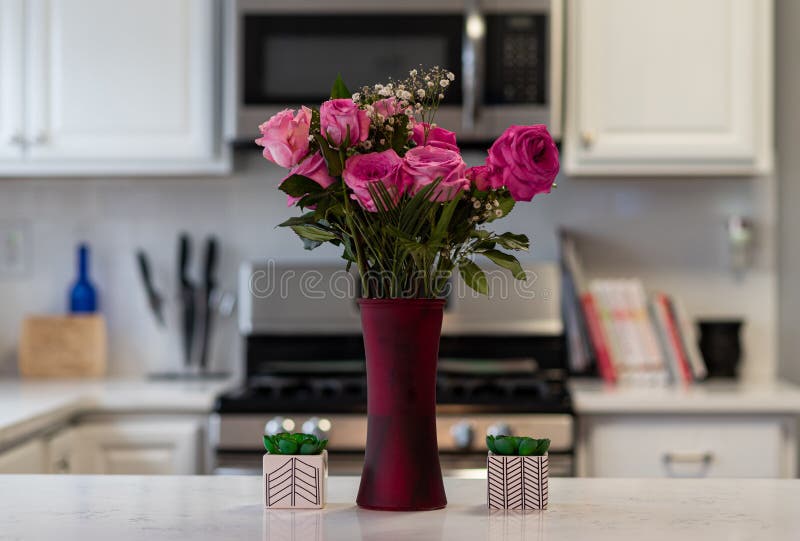 Roses in the kitchen stock photo. Image of pink, flowers 147785748