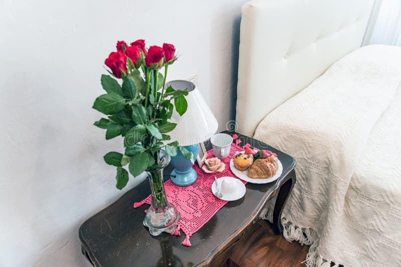 Roses with nice breakfast stock image. Image of lamp 93351263