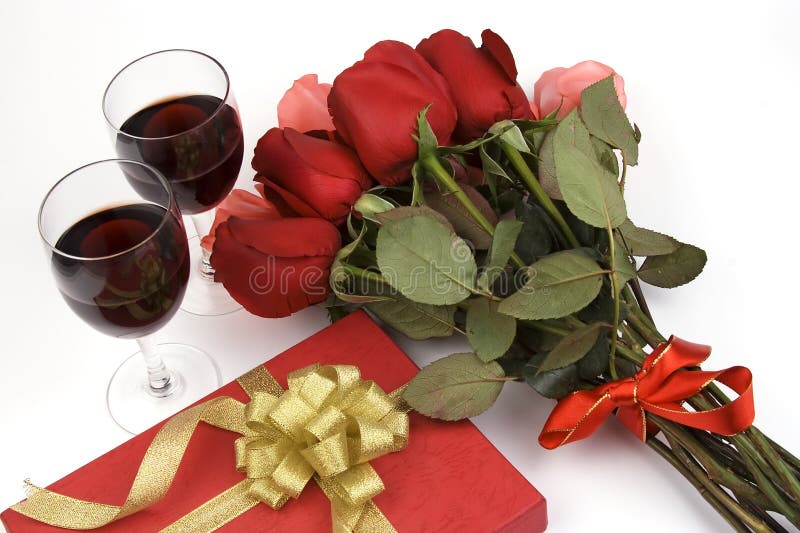 Roses With Present And Wine