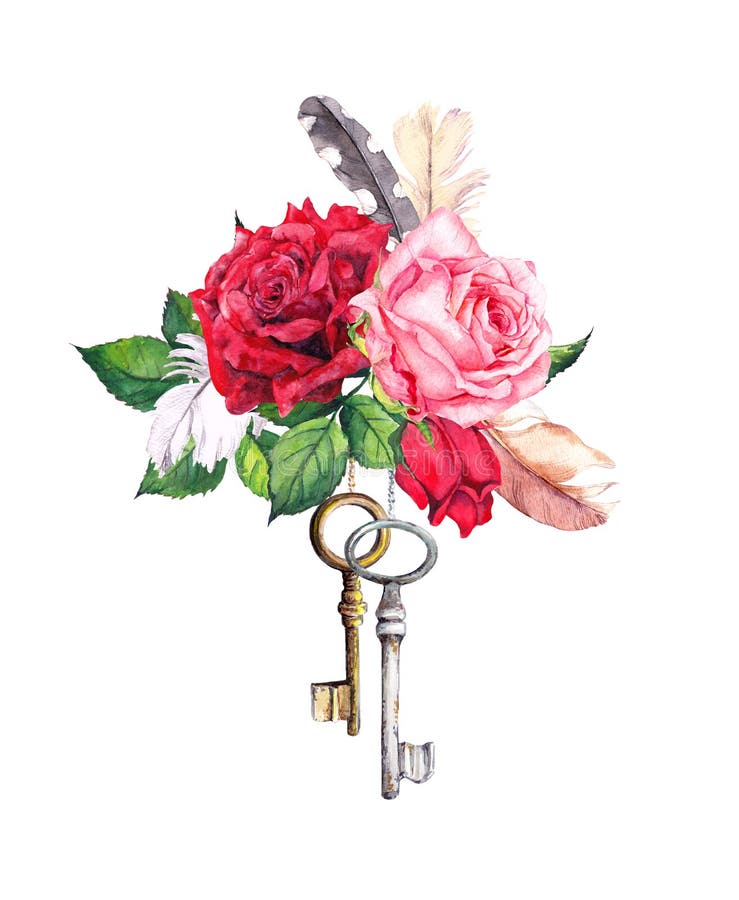 Red and pink roses with two keys and feathers. Watercolor in boho style for Valentine day, wedding. Red and pink roses with two keys and feathers. Watercolor in boho style for Valentine day, wedding