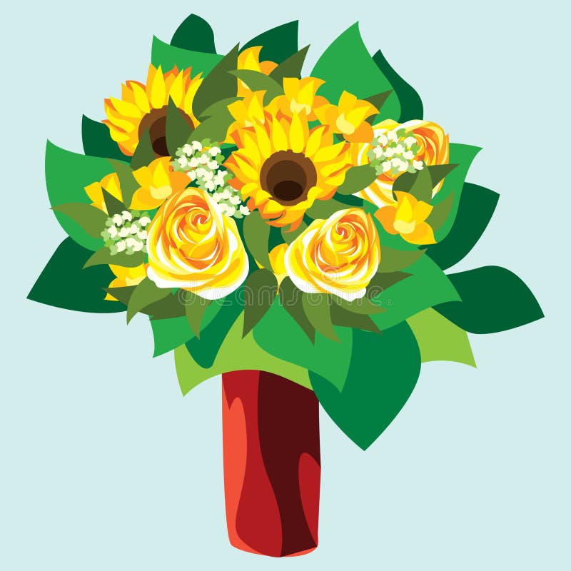 Roses and Sunflowers in a Vase. Vector Illustration Decorative Design
