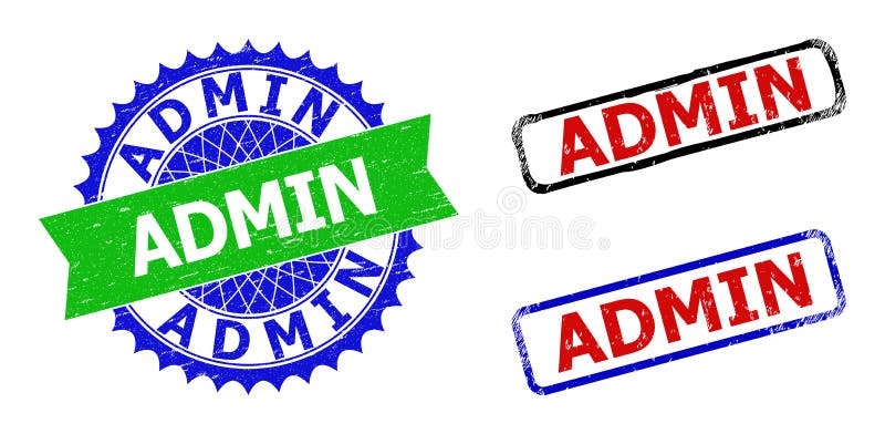 Rosette admin et joints bicolores de timbres de rectangle avec des surfaces compliqués. Filigranes bicolores admin. Joint bleu et vert admin avec des éléments pointus de rosette et de ruban. Le rectangle arrondi approximatif a piégé des filigranes admin dans des couleurs noires bleues rouges grunge avec la surface.