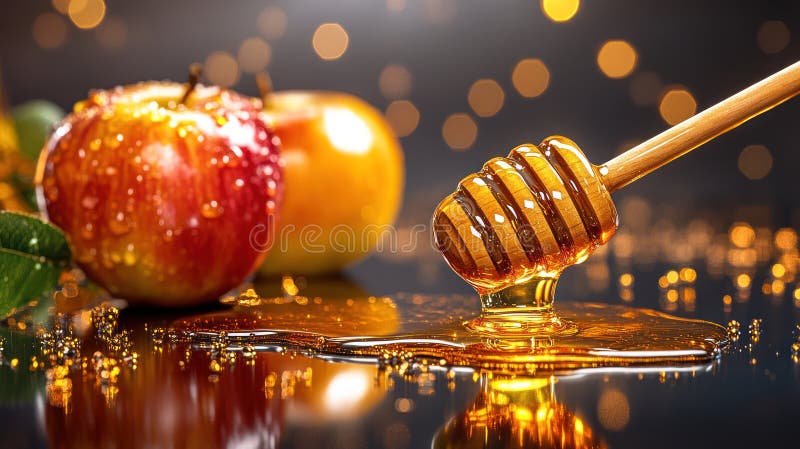 Rosh Hashanah Celebration with Honey and Apples AI Generative Image stock abbildung