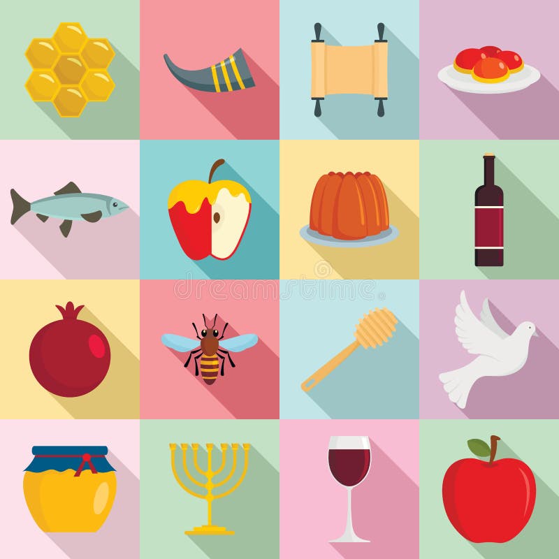 Rosh Hashanah ställde judiska feriesymboler in, plan stil vektor illustrationer Rosh Hashanah ställde judiska feriesymboler in, plan stil vektor illustrationer