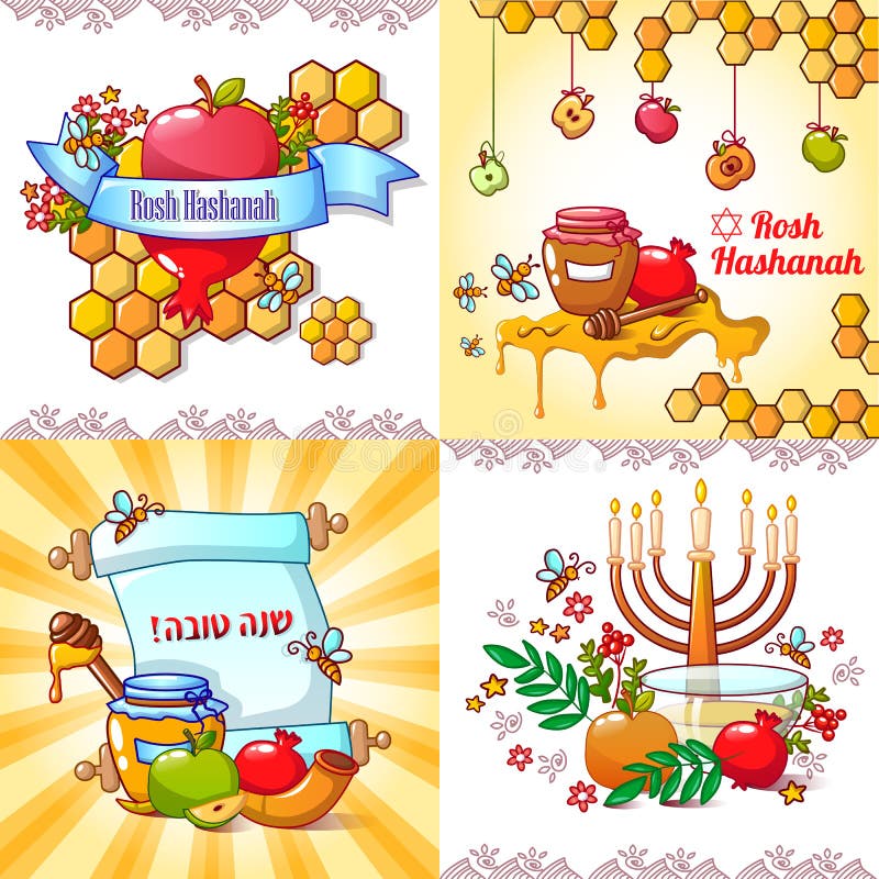 Rosh Hashanah sztandaru pojęcia set, kreskówka styl ilustracji Rosh Hashanah sztandaru pojęcia set, kreskówka styl ilustracji