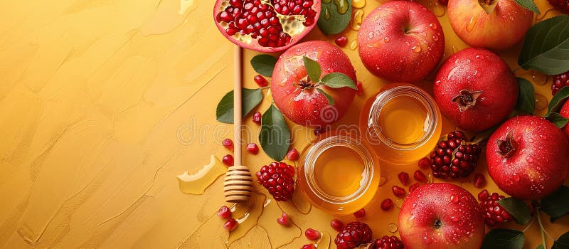 Rosh hashanah żydowski nowy rok wakacje koncepcja tradycyjne symbole jar miód jabłka granat ilustracji