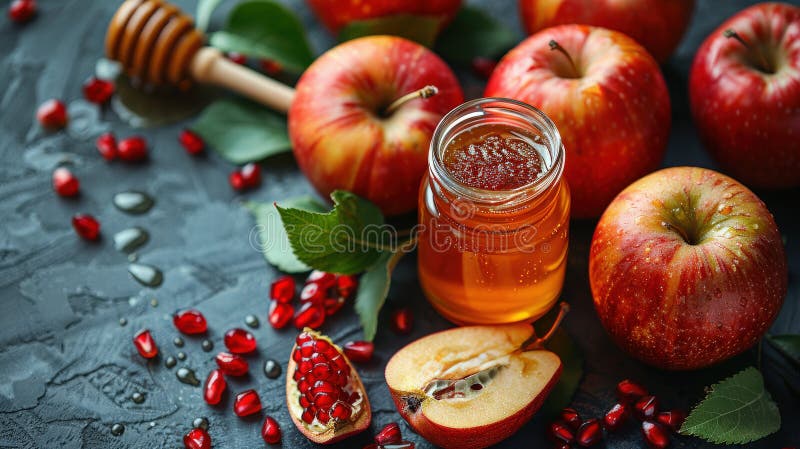 Rosh hashanah żydowski nowy rok wakacje koncepcja tradycyjne symbole jar miód jabłka granat ilustracja wektor