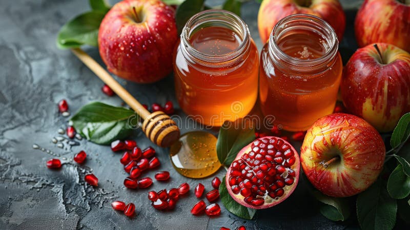 Rosh hashanah żydowski nowy rok wakacje koncepcja tradycyjne symbole jar miód jabłka granat ilustracja wektor