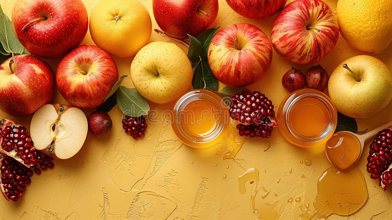 Rosh hashanah żydowski nowy rok wakacje koncepcja tradycyjne symbole jar miód jabłka granat royalty ilustracja