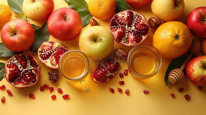 Rosh hashanah żydowski nowy rok wakacje koncepcja tradycyjne symbole jar miód jabłka granat royalty ilustracja