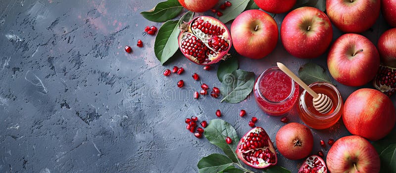 Rosh hashanah żydowski nowy rok wakacje koncepcja tradycyjne symbole jar miód jabłka granat ilustracji